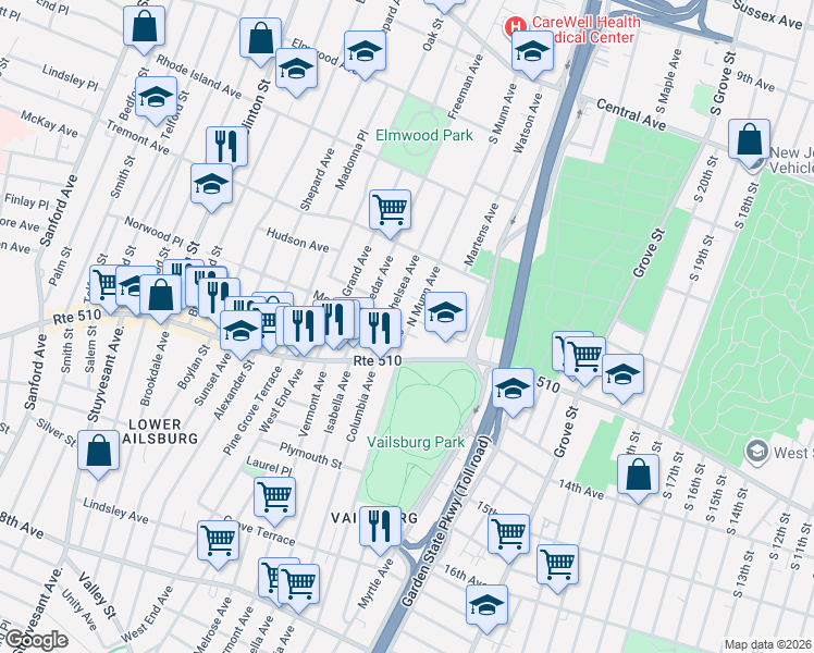 map of restaurants, bars, coffee shops, grocery stores, and more near 16-34 North Munn Avenue in Newark