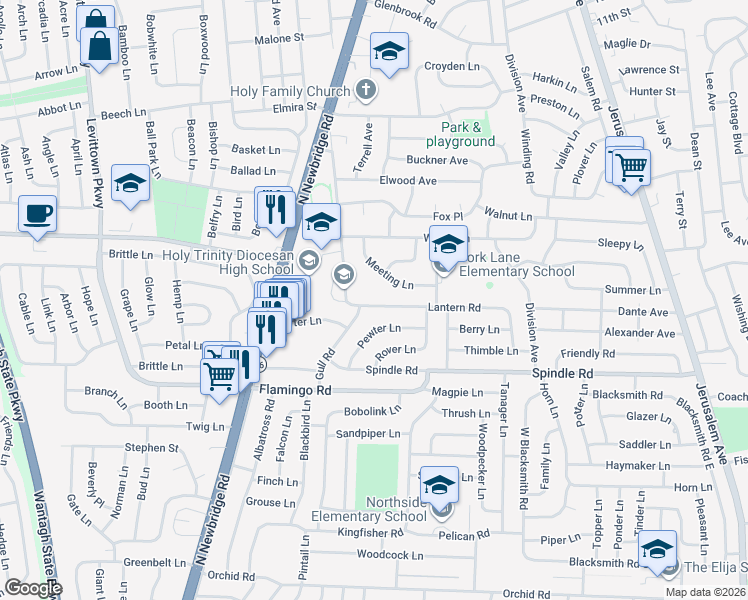 map of restaurants, bars, coffee shops, grocery stores, and more near 102 Lantern Road in Hicksville