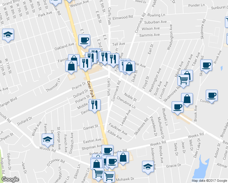 map of restaurants, bars, coffee shops, grocery stores, and more near 98 Commack Road in North Babylon