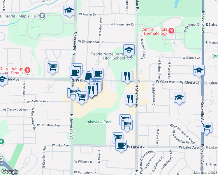 map of restaurants, bars, coffee shops, grocery stores, and more near 4819 Fairview Place in Peoria