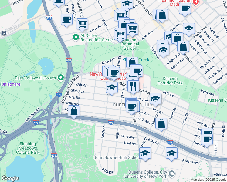 map of restaurants, bars, coffee shops, grocery stores, and more near 136-16 57th Road in Queens