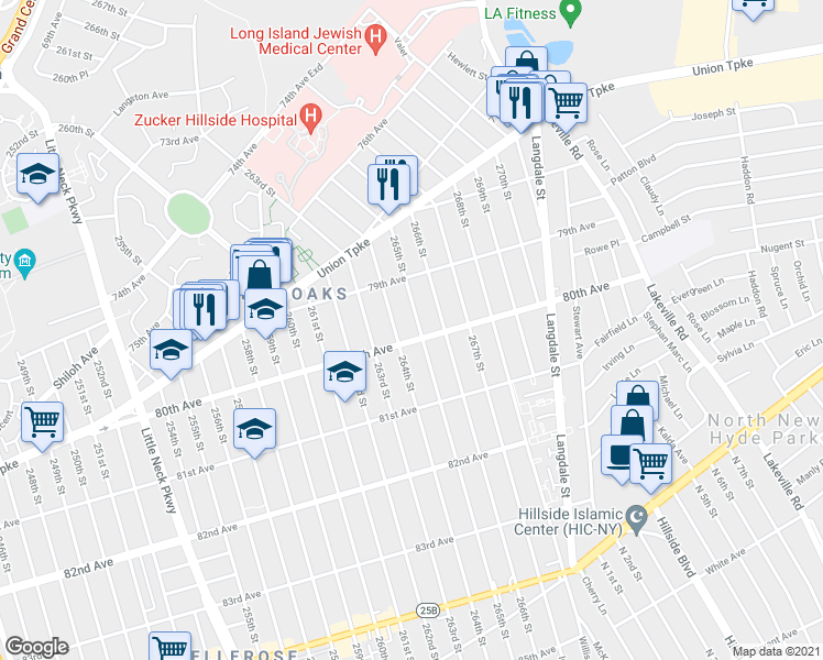 map of restaurants, bars, coffee shops, grocery stores, and more near 79-54 265th Street in Queens