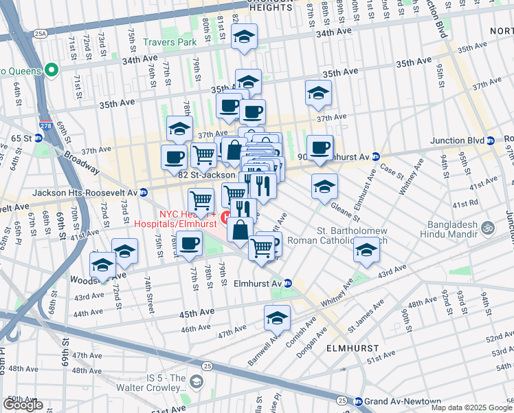 map of restaurants, bars, coffee shops, grocery stores, and more near 81-19 41st Avenue in Queens