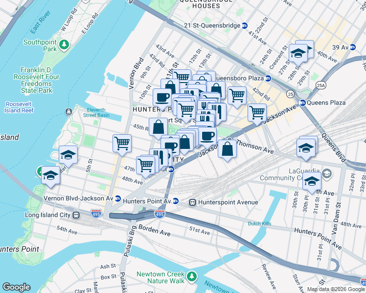 map of restaurants, bars, coffee shops, grocery stores, and more near 21-21 46th Avenue in Queens