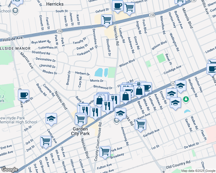 map of restaurants, bars, coffee shops, grocery stores, and more near 10 Birchwood Drive in New Hyde Park