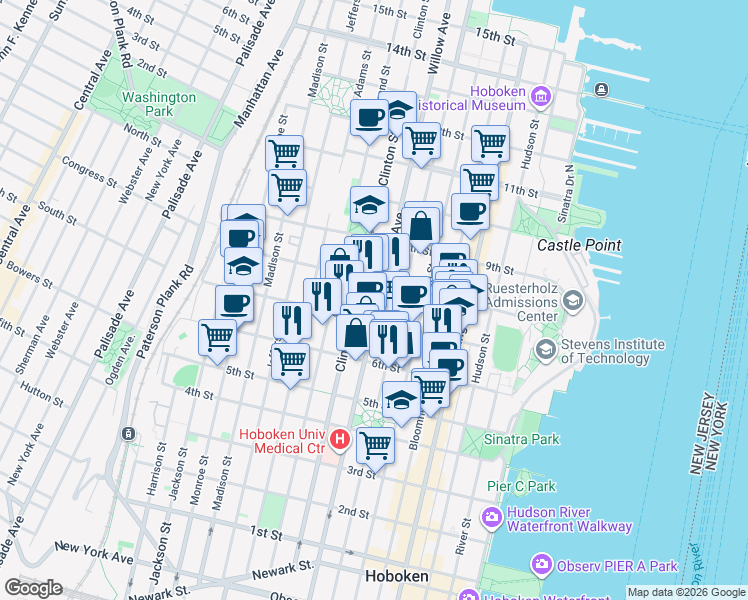 map of restaurants, bars, coffee shops, grocery stores, and more near 722 Willow Avenue in Hoboken