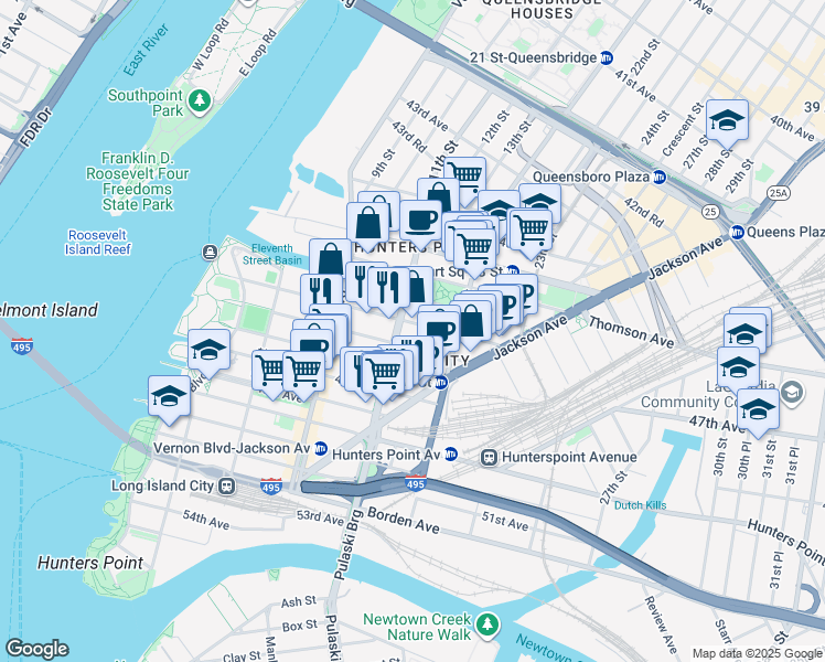map of restaurants, bars, coffee shops, grocery stores, and more near 11-15 46th Road in Queens