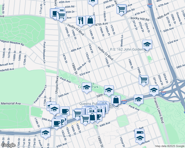 map of restaurants, bars, coffee shops, grocery stores, and more near 53-12 192nd Street in Queens