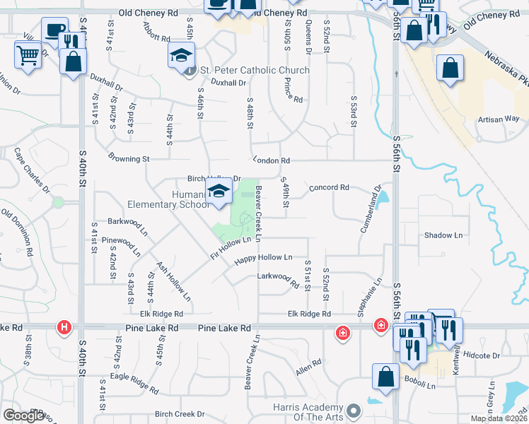 map of restaurants, bars, coffee shops, grocery stores, and more near 4800 Deer Creek Drive in Lincoln