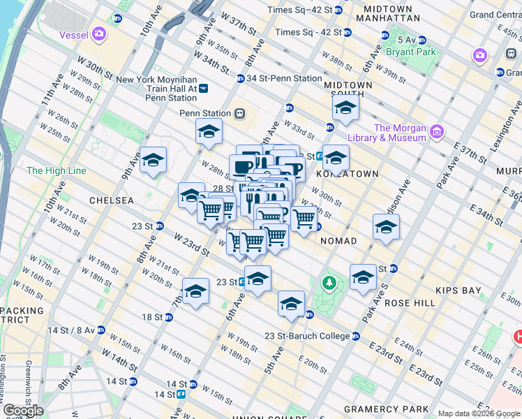map of restaurants, bars, coffee shops, grocery stores, and more near 143 West 27th Street in New York