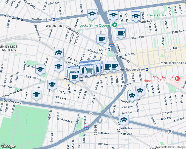map of restaurants, bars, coffee shops, grocery stores, and more near 6319 Roosevelt Avenue in Queens