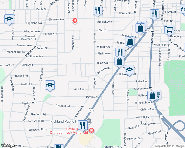 map of restaurants, bars, coffee shops, grocery stores, and more near 282 Abbeyfeale Road in Mansfield