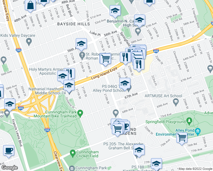 map of restaurants, bars, coffee shops, grocery stores, and more near 215-15 64th Avenue in Queens