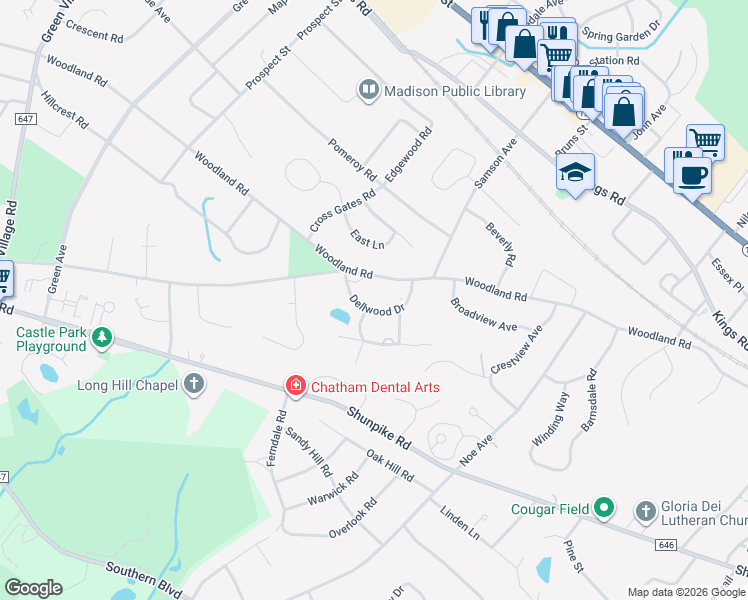 map of restaurants, bars, coffee shops, grocery stores, and more near 24 Dellwood Drive in Madison