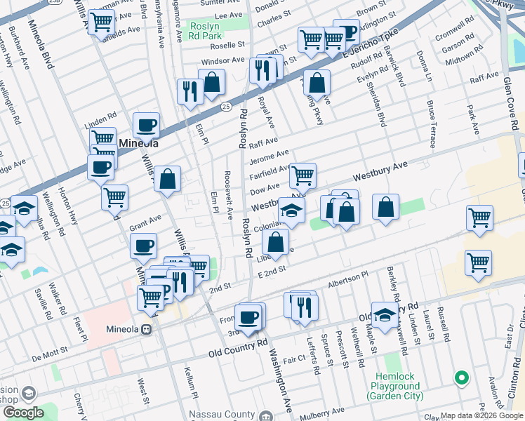 map of restaurants, bars, coffee shops, grocery stores, and more near 23 Westbury Avenue in Mineola