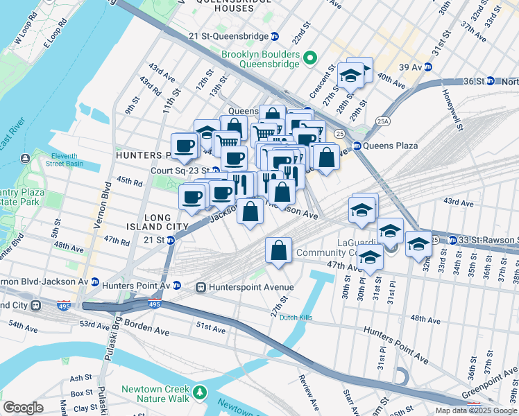 map of restaurants, bars, coffee shops, grocery stores, and more near 25-10 Court Square West in Queens