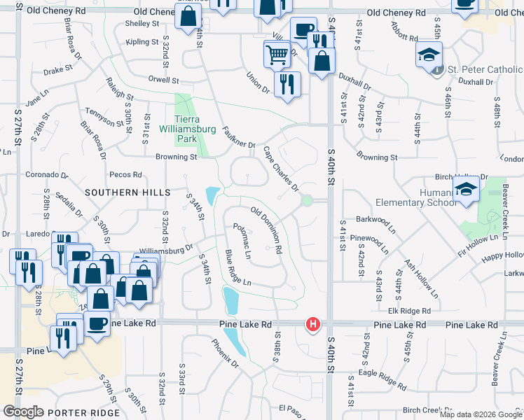 map of restaurants, bars, coffee shops, grocery stores, and more near 3610 Old Dominion Road in Lincoln
