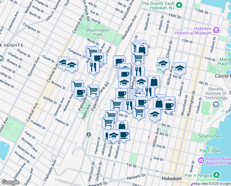 map of restaurants, bars, coffee shops, grocery stores, and more near 800 Jackson Street in Hoboken