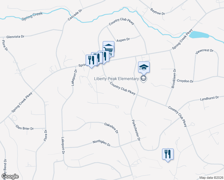 map of restaurants, bars, coffee shops, grocery stores, and more near 255 Country Club Parkway in Spring Creek
