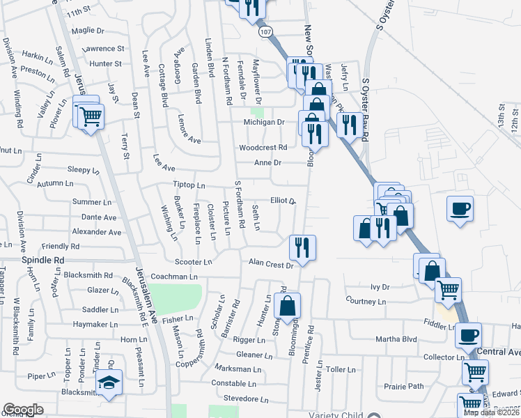 map of restaurants, bars, coffee shops, grocery stores, and more near 29 Seth Lane in Hicksville