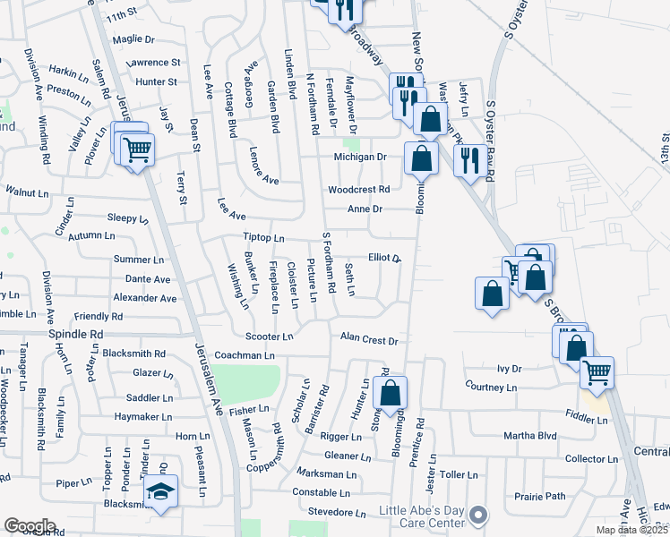 map of restaurants, bars, coffee shops, grocery stores, and more near 29 Seth Lane in Hicksville