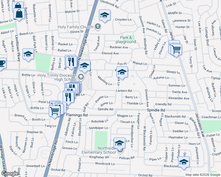 map of restaurants, bars, coffee shops, grocery stores, and more near 82 Lantern Road in Hicksville