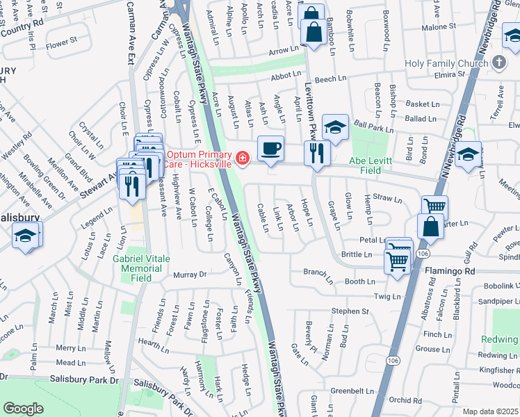 map of restaurants, bars, coffee shops, grocery stores, and more near 19 Cable Lane in Hicksville