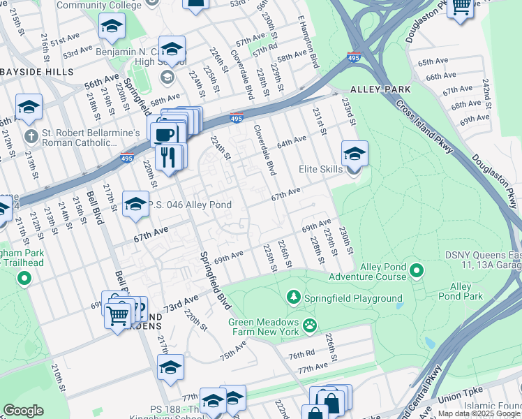 map of restaurants, bars, coffee shops, grocery stores, and more near 224-18 67th Avenue in Queens