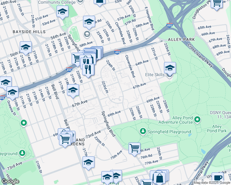 map of restaurants, bars, coffee shops, grocery stores, and more near 67-14 224 Street in Queens