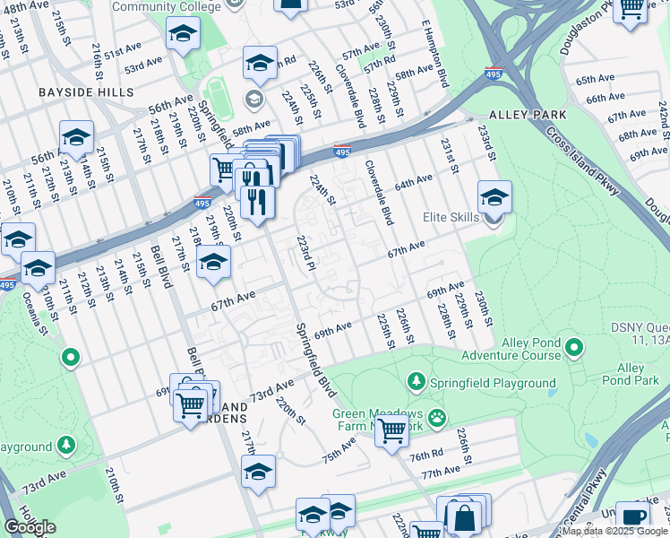 map of restaurants, bars, coffee shops, grocery stores, and more near 67-14 224 Street in Queens