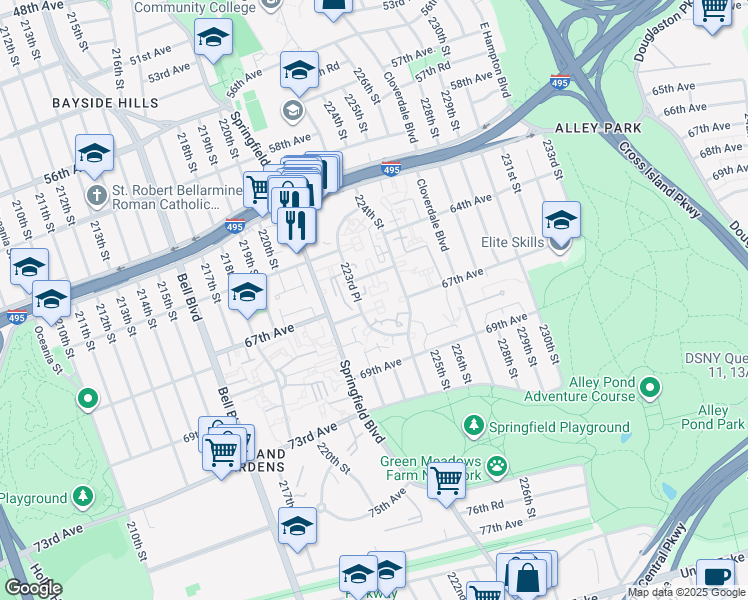 map of restaurants, bars, coffee shops, grocery stores, and more near 6524 223rd Place in Queens