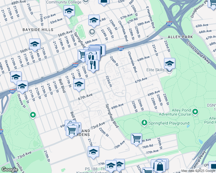 map of restaurants, bars, coffee shops, grocery stores, and more near 6524 223rd Place in Queens