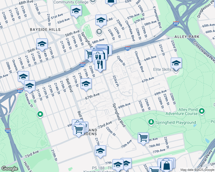 map of restaurants, bars, coffee shops, grocery stores, and more near 64-43 Springfield Boulevard in Queens