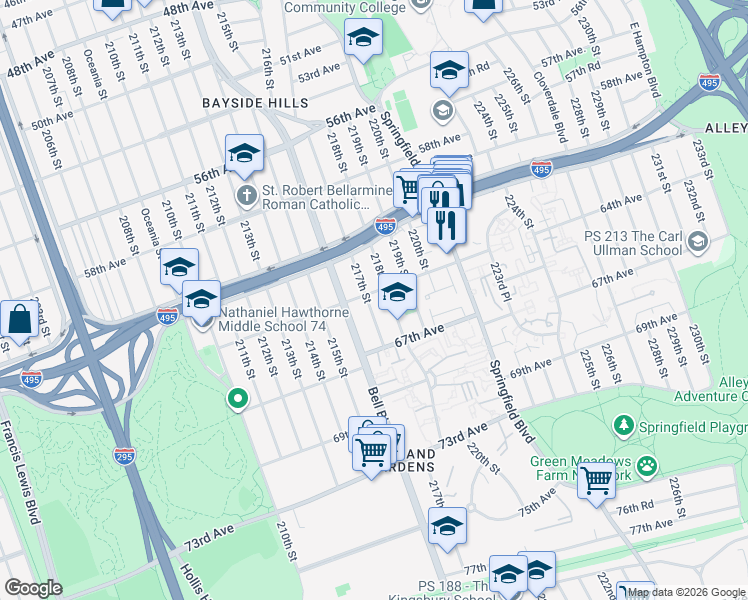 map of restaurants, bars, coffee shops, grocery stores, and more near 217-04 64th Avenue in Queens