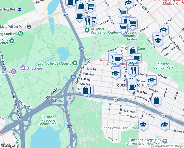 map of restaurants, bars, coffee shops, grocery stores, and more near 57-63 Lawrence Street in Queens