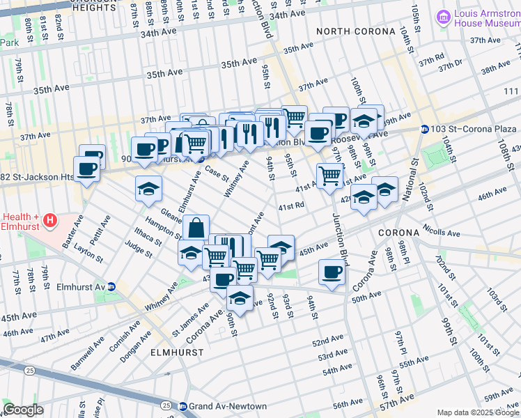 map of restaurants, bars, coffee shops, grocery stores, and more near 41-41 Denman Street in Queens