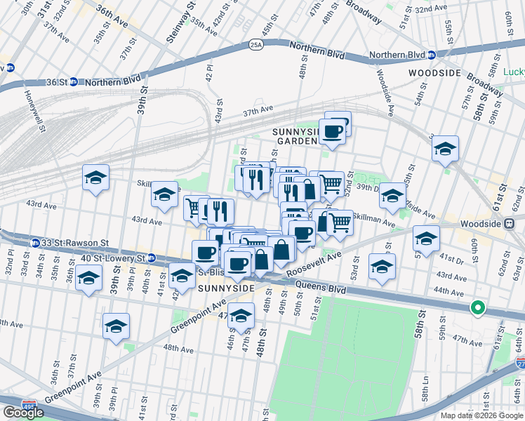 map of restaurants, bars, coffee shops, grocery stores, and more near 41-13 47th Street in Queens