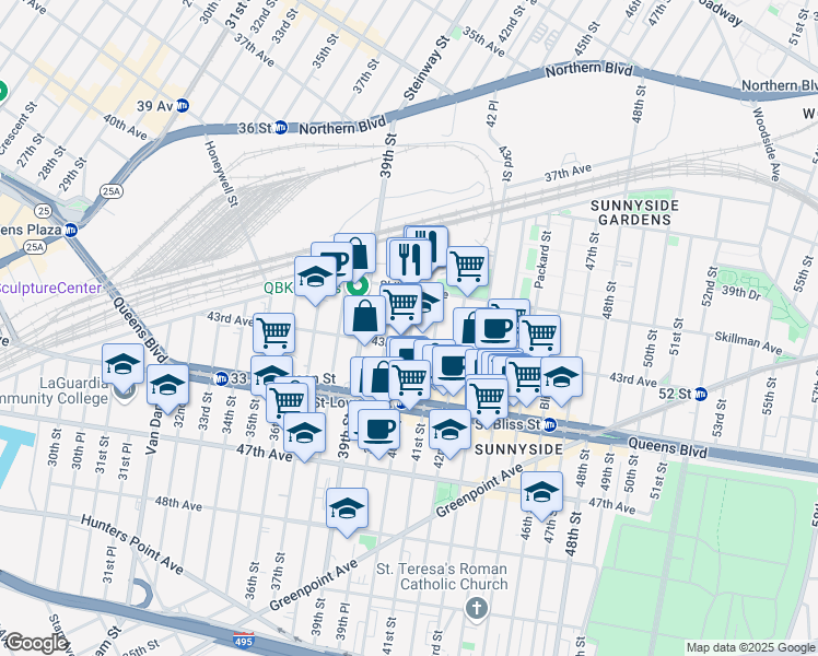 map of restaurants, bars, coffee shops, grocery stores, and more near in Queens