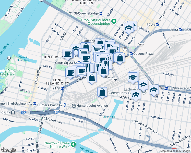 map of restaurants, bars, coffee shops, grocery stores, and more near in Queens
