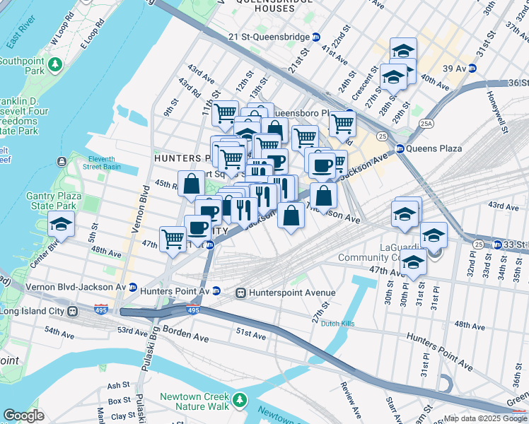 map of restaurants, bars, coffee shops, grocery stores, and more near 45th Road in Queens
