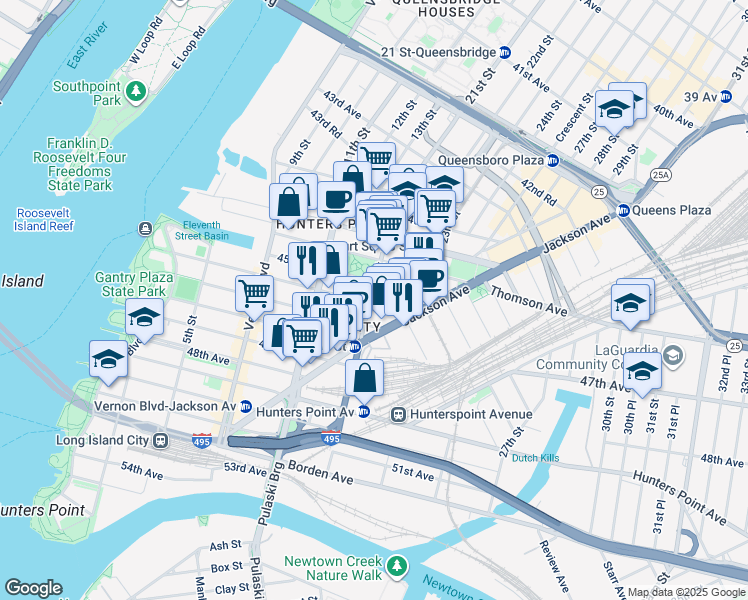 map of restaurants, bars, coffee shops, grocery stores, and more near 19 21st Street in Queens
