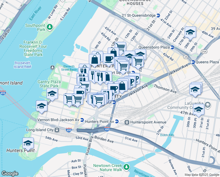 map of restaurants, bars, coffee shops, grocery stores, and more near 11-15 46th Road in Queens