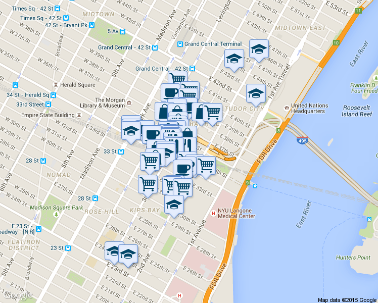 map of restaurants, bars, coffee shops, grocery stores, and more near 214 East 35th Street in New York