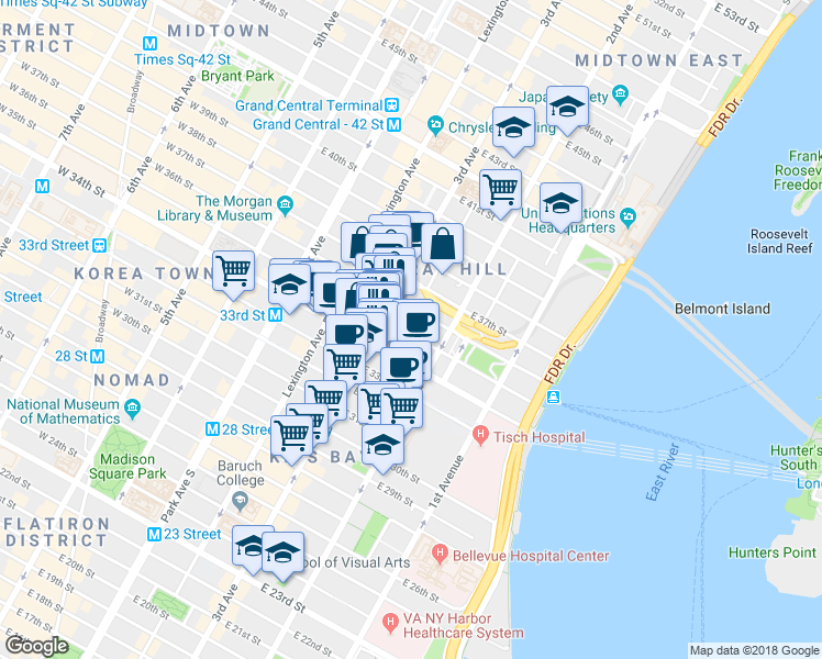 map of restaurants, bars, coffee shops, grocery stores, and more near 214 East 35th Street in New York