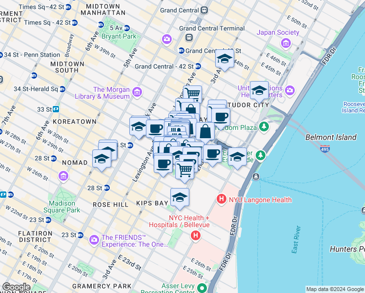 map of restaurants, bars, coffee shops, grocery stores, and more near 214 East 35th Street in New York