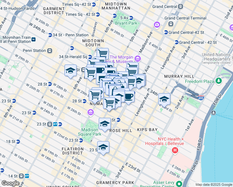 map of restaurants, bars, coffee shops, grocery stores, and more near 147 Madison Avenue in New York