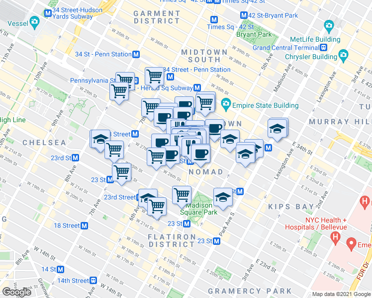 map of restaurants, bars, coffee shops, grocery stores, and more near 1199 Broadway in New York