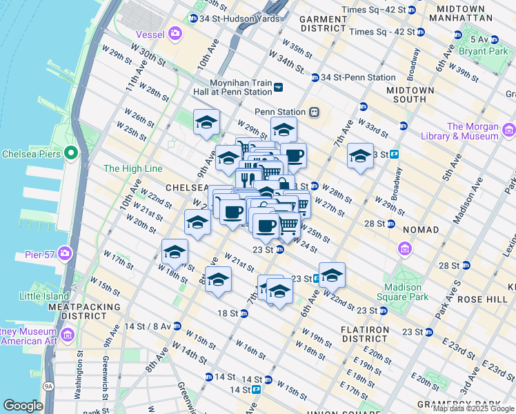 map of restaurants, bars, coffee shops, grocery stores, and more near 231 West 24th Street in New York