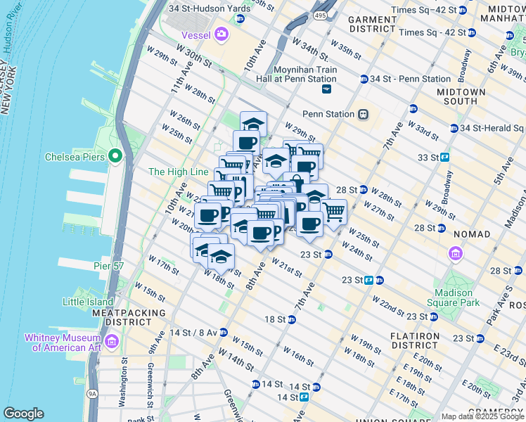 map of restaurants, bars, coffee shops, grocery stores, and more near 338 1/2 West 23rd Street in New York