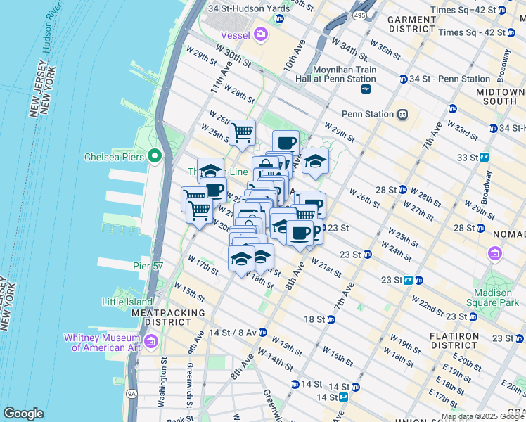 map of restaurants, bars, coffee shops, grocery stores, and more near 414 West 22nd Street in New York